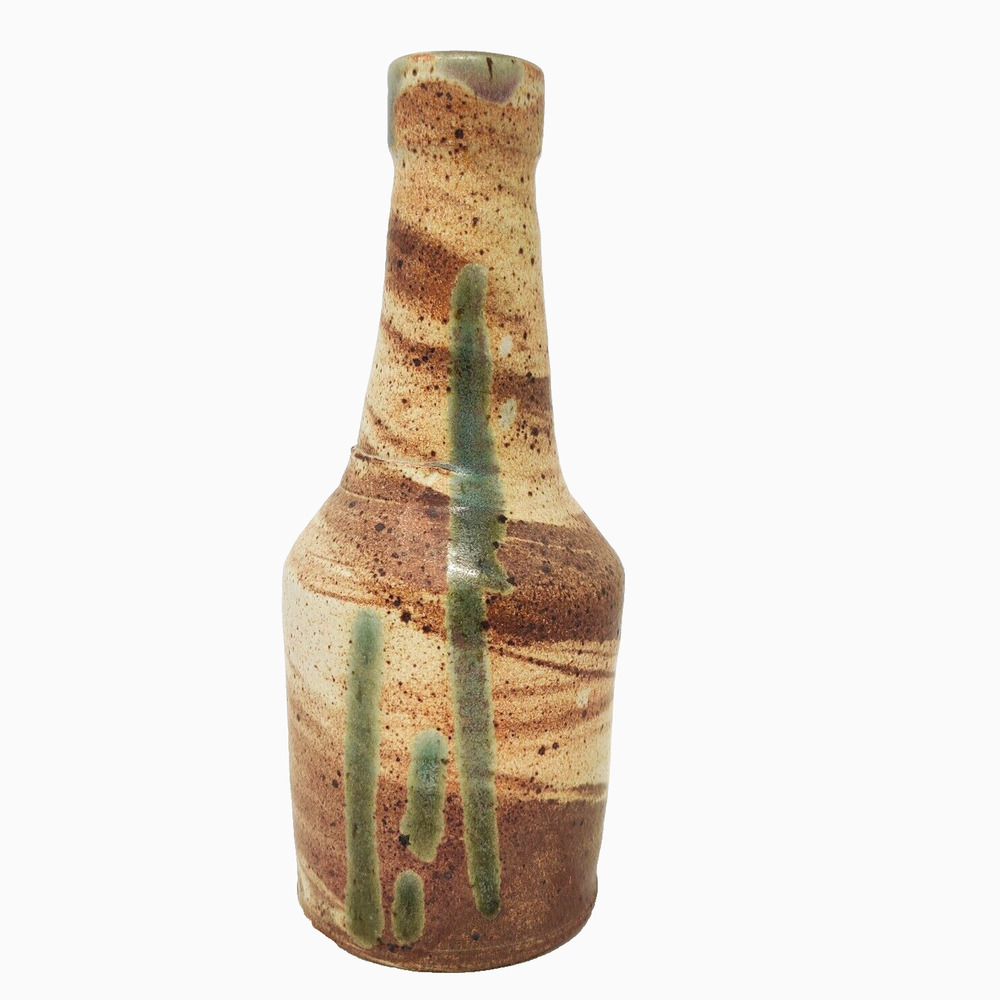 Studio Pottery Bottle Vase Southwest Terracotta Swirl Green Drip Boho Unsigned